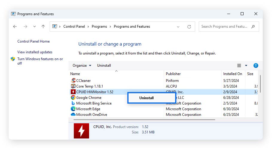 Click the relevant program, then right-click it and choose Uninstall.