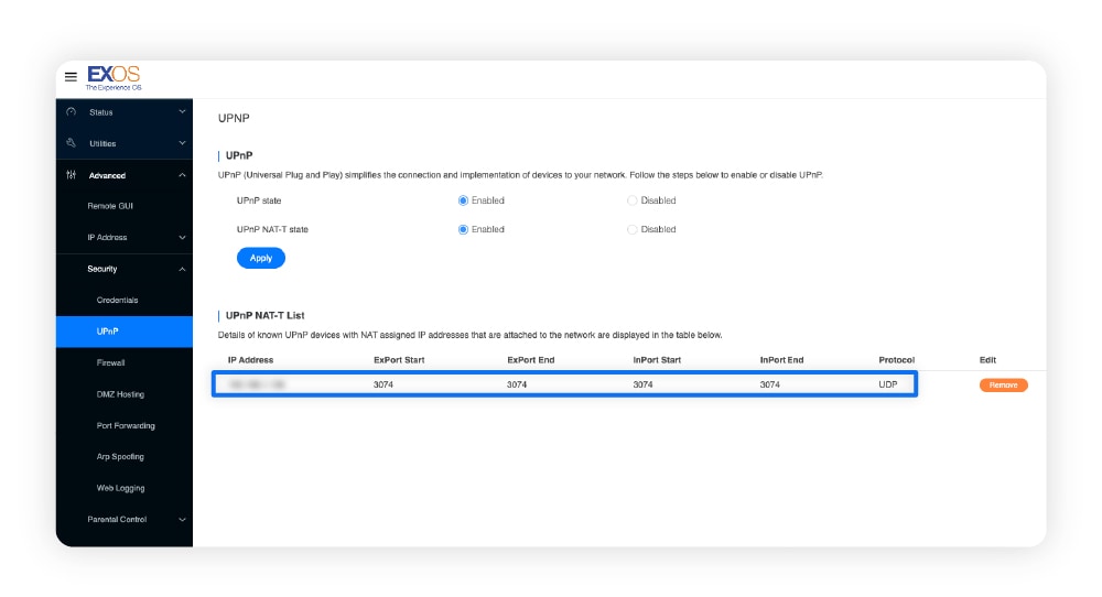 A router’s UPnP page showing automatically created ports.
