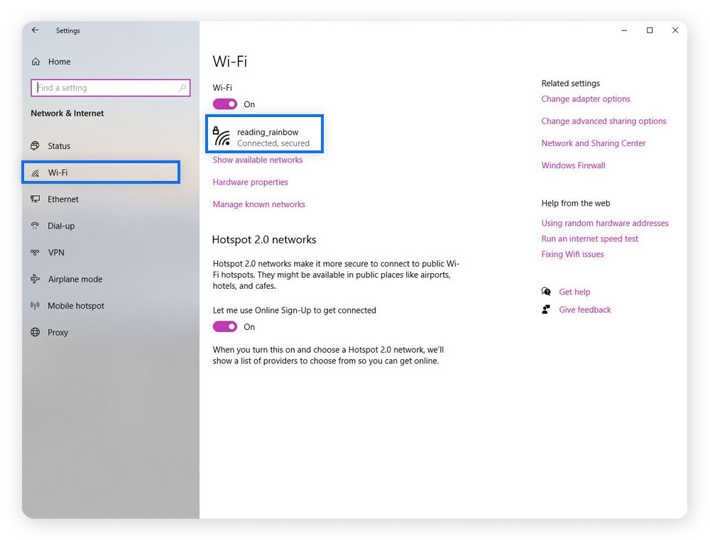 The Wi-Fi menu in Settings in Microsoft Windows.