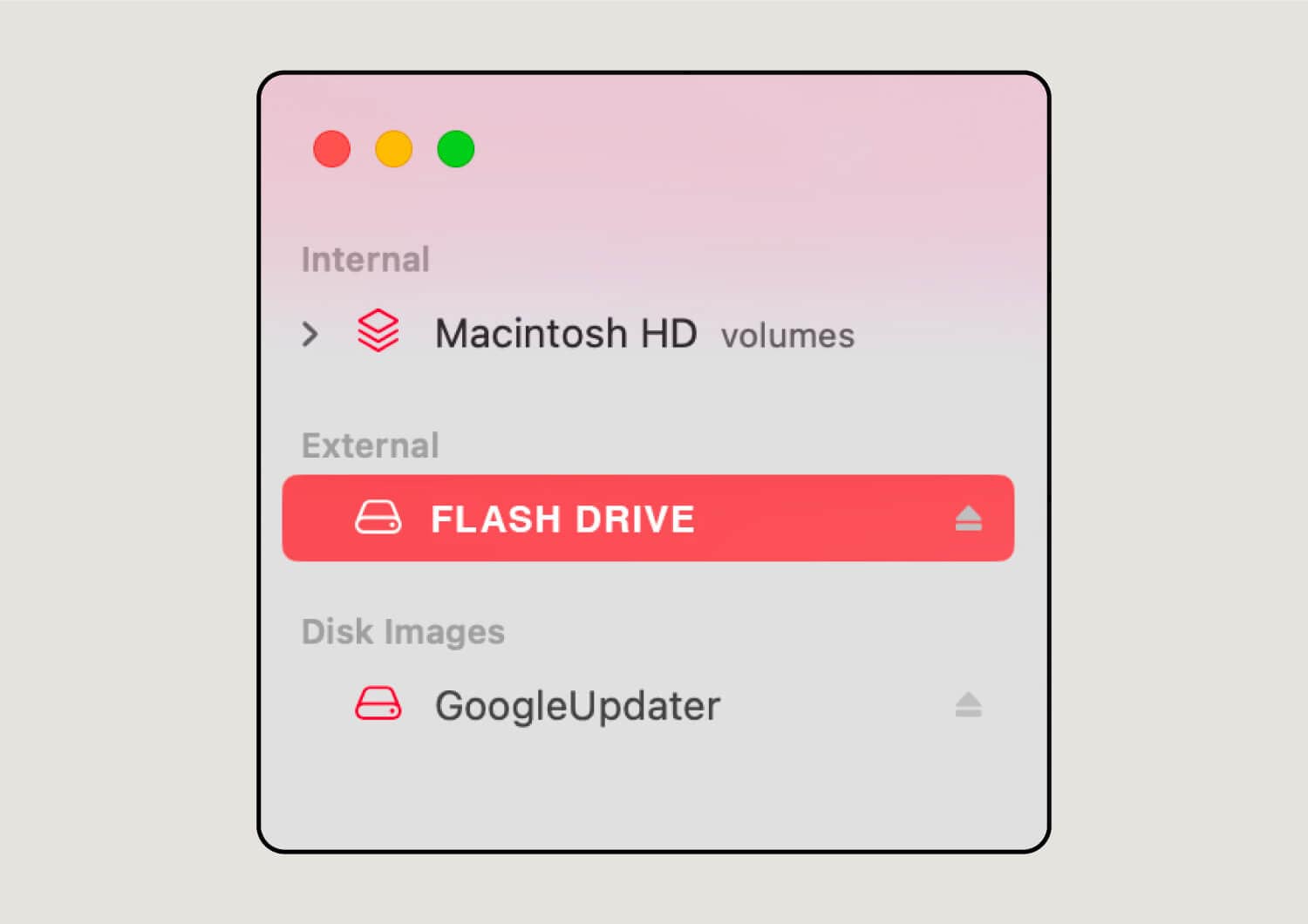 A visual showing where external devices like a flash drive appear on a Mac.